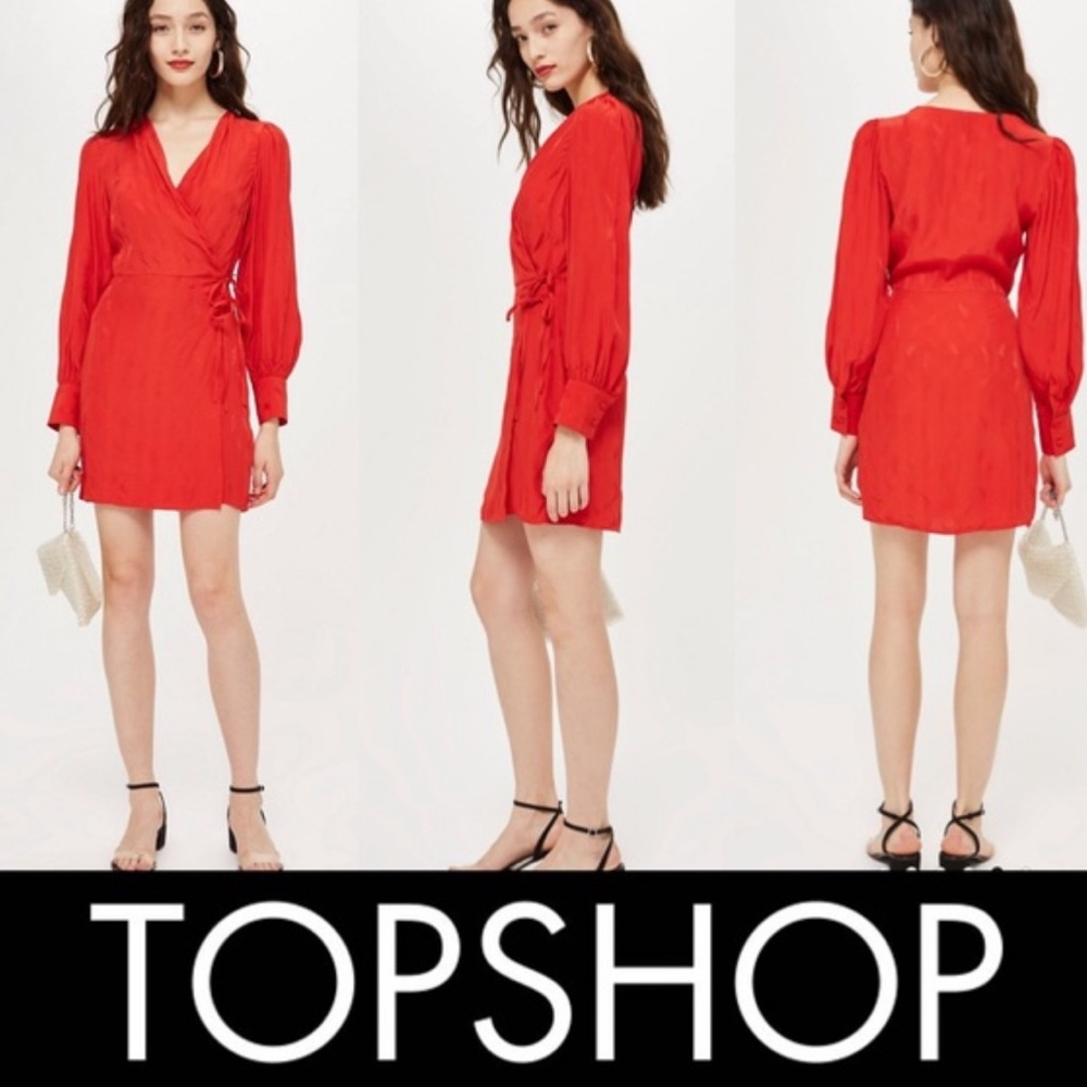 Topshop Red Woven Jacquard Long Sleeve Wrap Dress